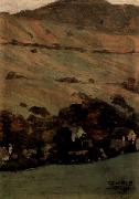 Egon Schiele Hauser vor Berghang painting